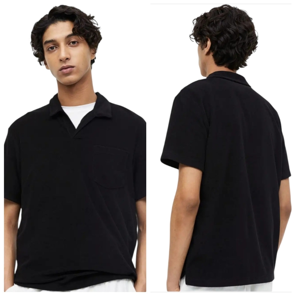 H&M Regular Fit Terry Polo Shirt Black Men's M - Picture 11 of 11